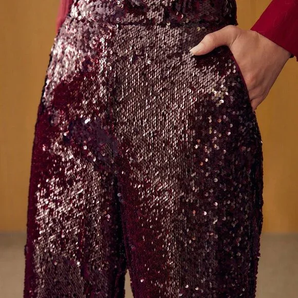 Burgundy Party Women's Contrast Sequin Straight Leg Suit Pants